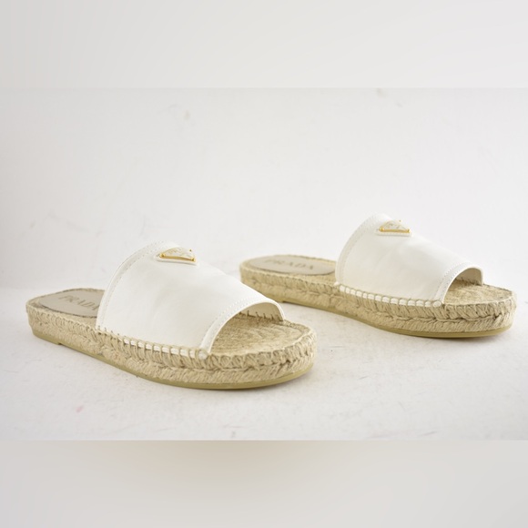 Prada Gold Triangle Logo Avorio White Leather Espadrille Slide Sandal Flat 37 - Picture 3 of 16